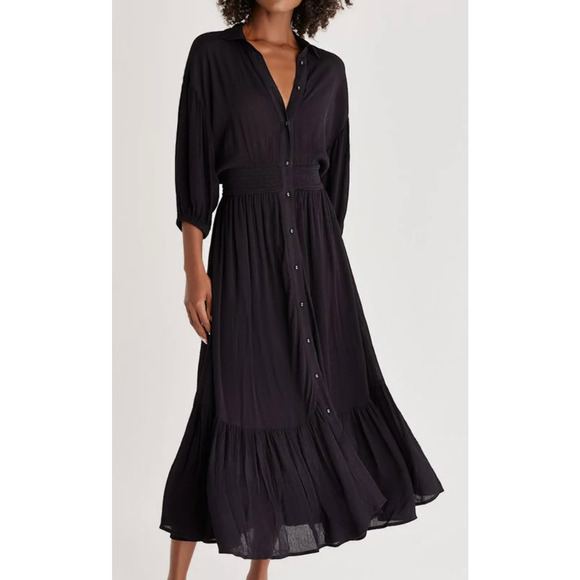 Z Supply Dresses & Skirts - Z SUPPLY Dress L Tanya Maxi 3/4 Sleeve Pleated Smocked Button Front Black NEW